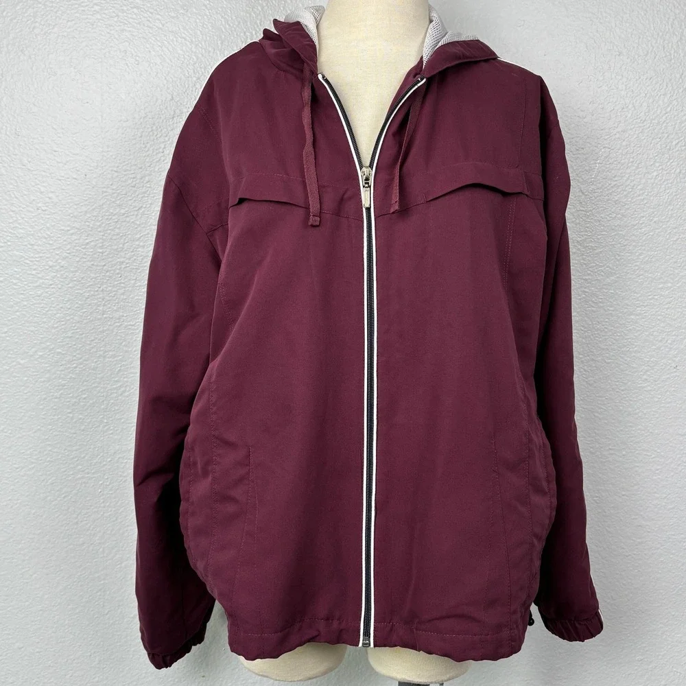 East West‎ Women's Burgundy Hooded Zip Jacket XL Mesh Lined Windbreaker